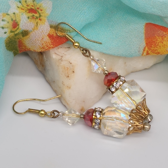 American Vintage Jewelry - ❤️ Vintage Jewelry Red Cristals Rainbow White European Crystals Gold Earrings
